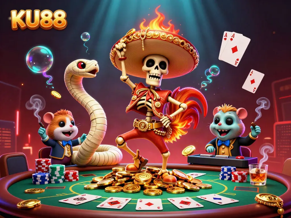 Experience the excitement of KU88 with a vibrant 3D illustration of casino elements and characters celebrating wins.