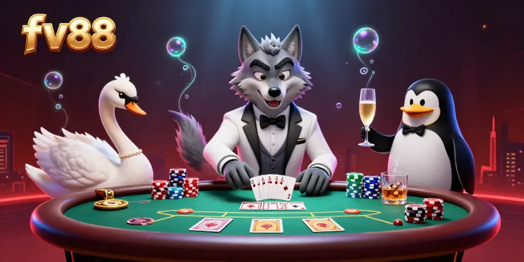 Engage with the exciting world of fv88 at a dynamic casino scene featuring cartoon characters.