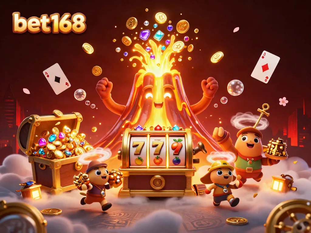 Engage with bet168's exciting gaming world featuring golden volcano, slots, and treasure.