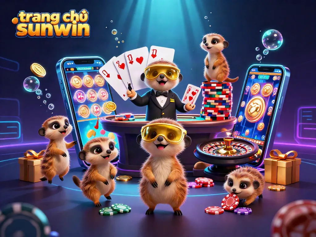 Experience excitement at trang chủ sunwin as meerkats operate a vibrant casino with spinning slot games and golden coins.
