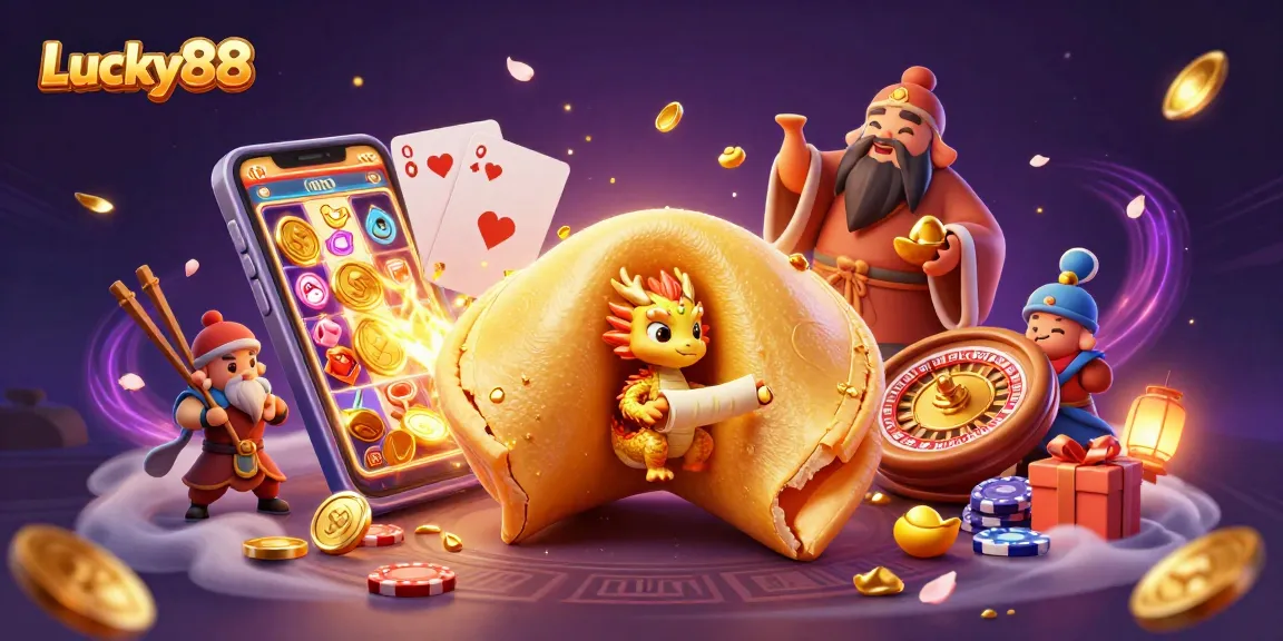 Experience the excitement of Lucky88 with a vibrant 3D illustration of a golden fortune cookie and gaming elements.