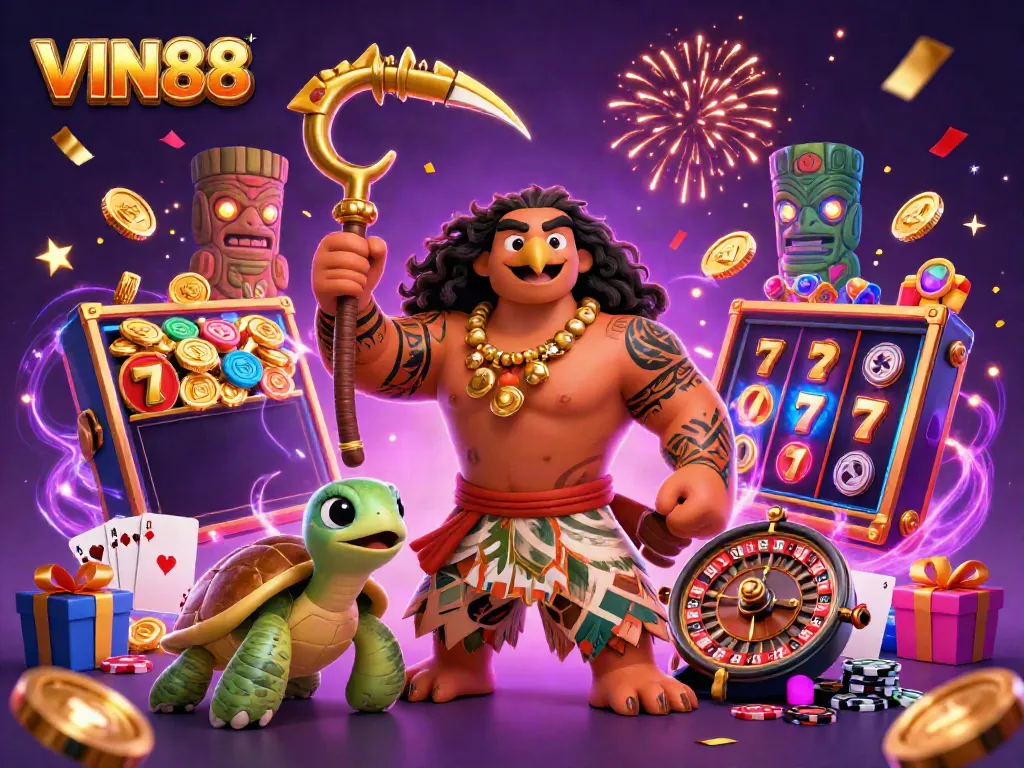 VIN88 Casino illustration shows a dynamic scene with a demigod and game elements embodying excitement and thrill.