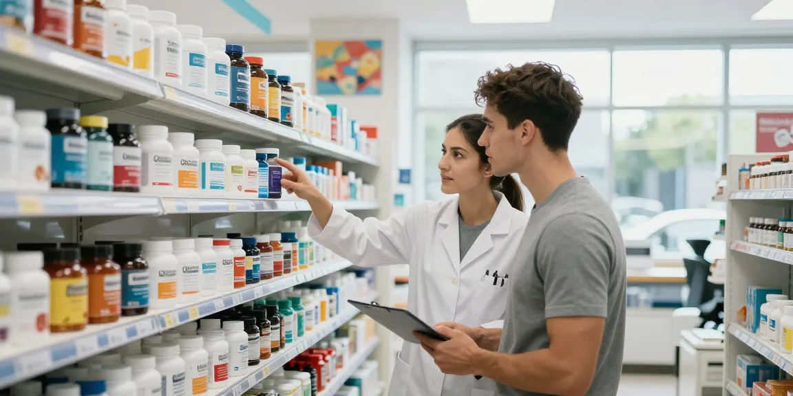 Een deskundige apotheker in de Unique Pharma Shop helpt een klant bij het selecteren van voedingssupplementen voor bodybuilding in een moderne, goed verlichte apotheek.