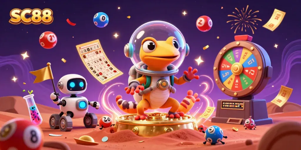 Engaging Martian gecko at SC88 casino amidst vibrant game elements and lottery excitement.