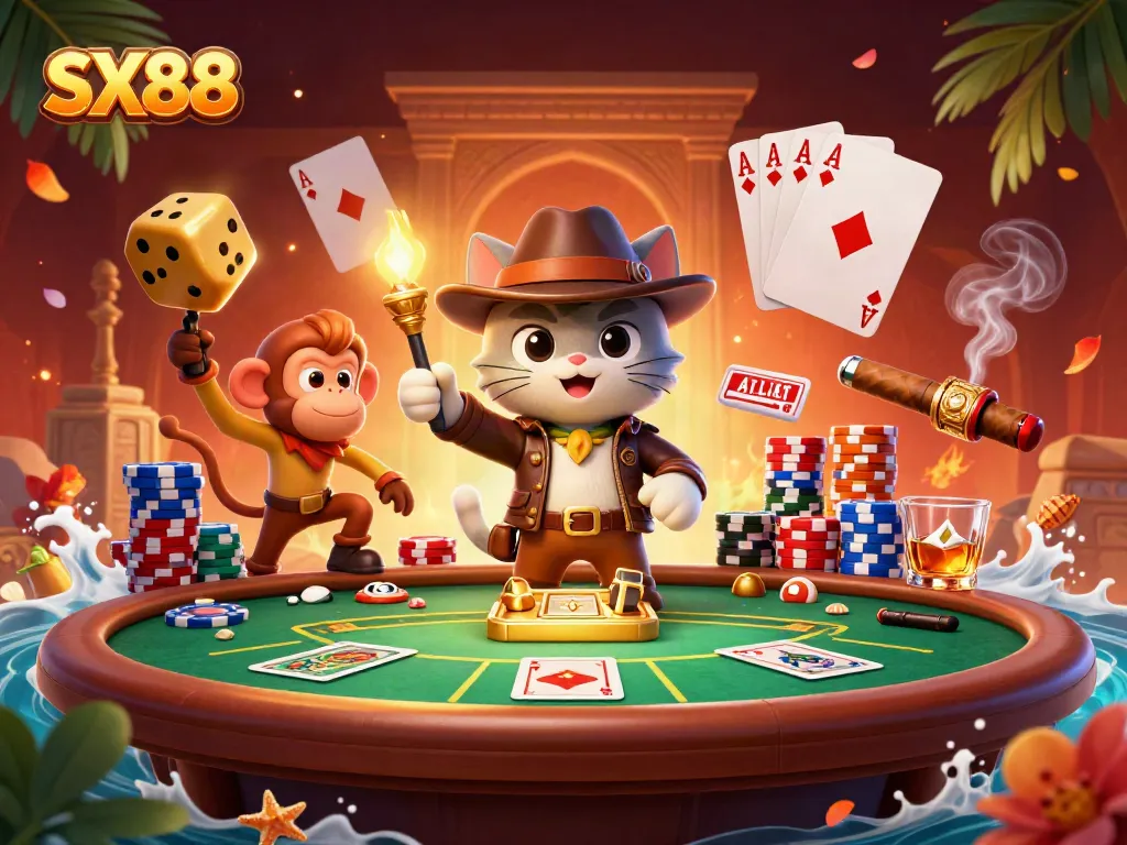 SX88 casino adventure scene with an explorer cat and monkey amidst colorful poker chips and cards.