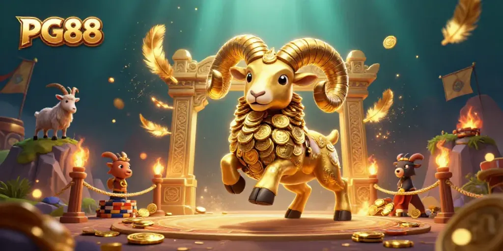 Engage in thrilling gameplay at PG88 with a golden ram charging through a casino-inspired arena.