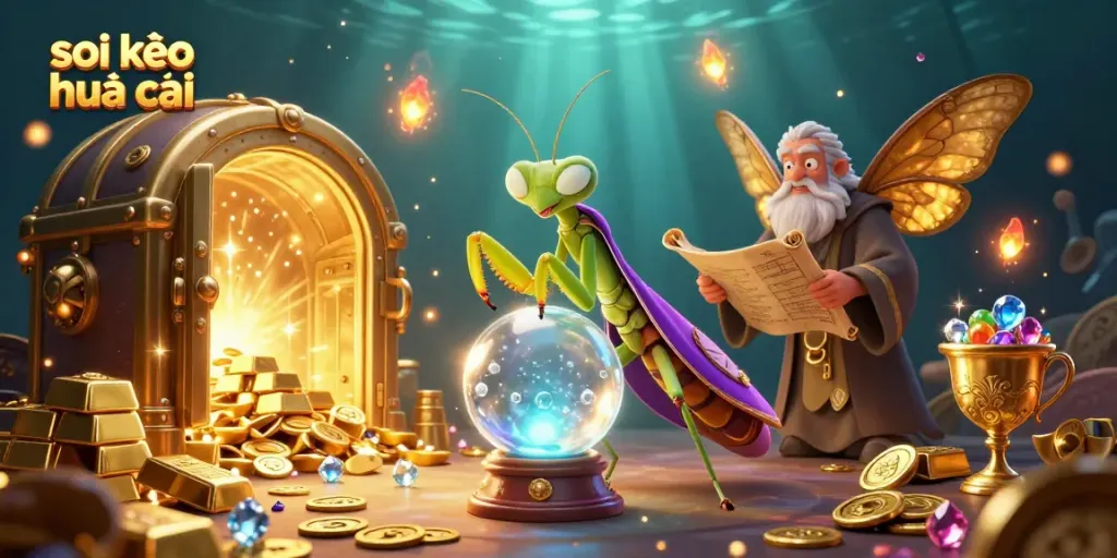 Soi kèo nhà cái charts predictions as a mystical scene unfolds around fortune teller and librarian