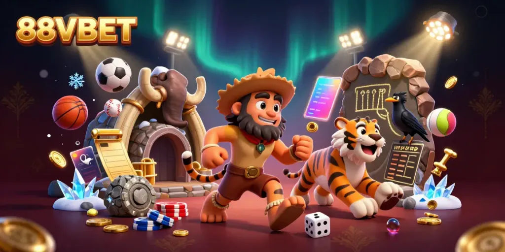 Experience the thrilling atmosphere of the 88VBET casino, featuring dynamic gaming elements and vibrant characters.