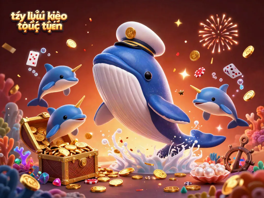 Engage with tỷ lệ kèo trực tuyến through a captivating scene featuring a whale and dolphins amid poker chips and confetti.