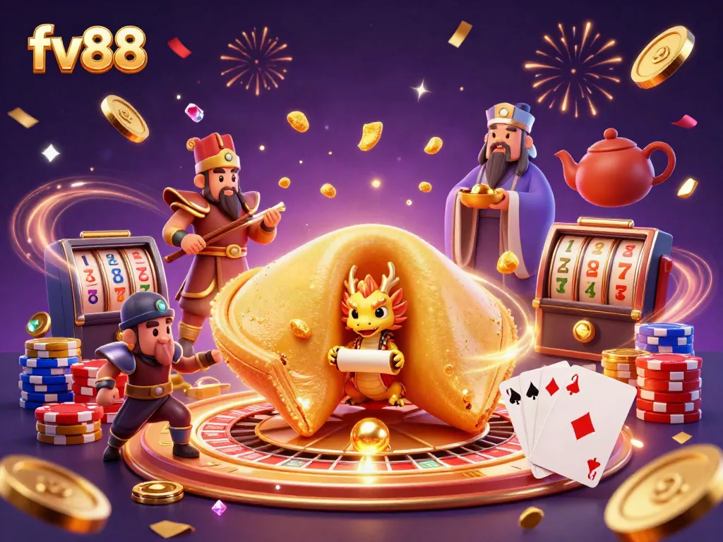 Celebrate winning at fv88 with a dynamic casino scene featuring a dragon and fortune cookie.