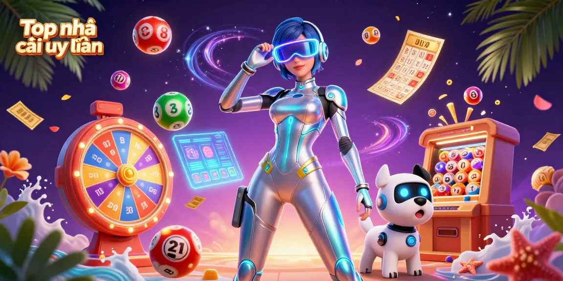 Engage with Top nhà cái uy tín in a vibrant digital casino scene featuring a futuristic woman and robot dog, surrounded by colorful gaming elements.