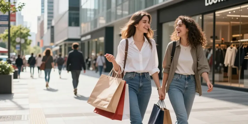 Vrouw in stijlvolle kleding, kleding online winkelen met vrienden in de stad.