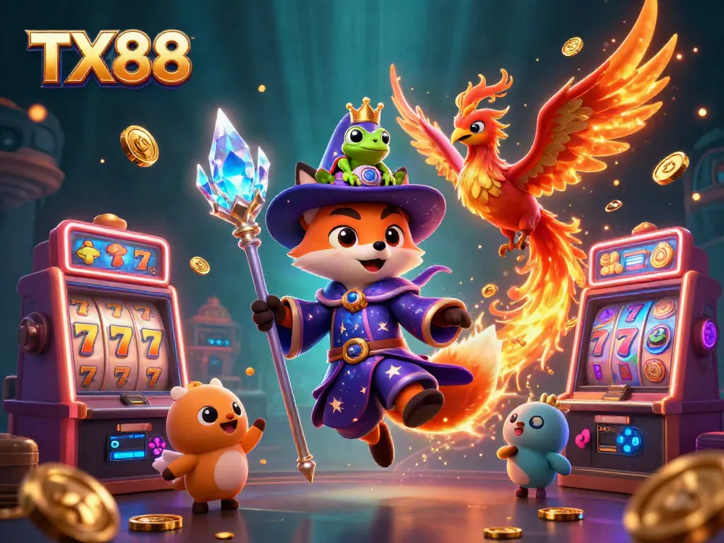 Experience excitement at TX88 with a 3D illustration featuring a wizard fox and phoenix amidst colorful slot machines.