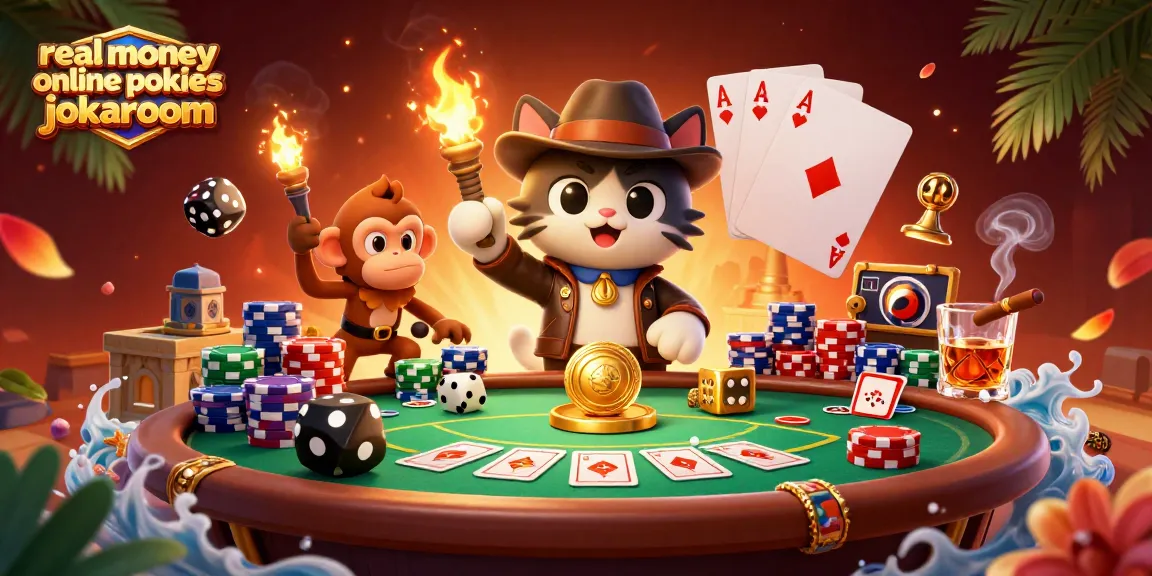 Experience real money online pokies jokaroom with an adventurous cat and monkey in a rich casino scene.