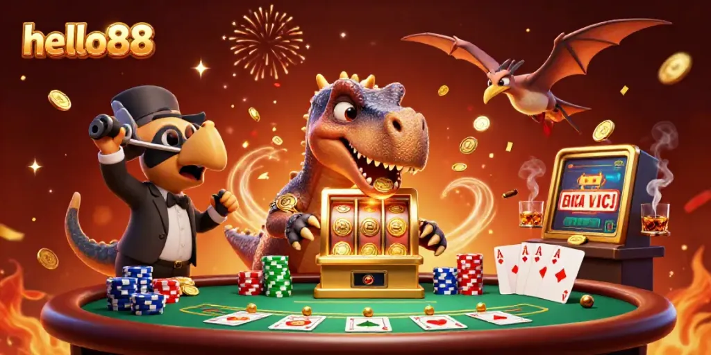 Experience a thrilling jackpot at hello88 with a pachycephalosaurus and pteranodon in a vibrant casino scene.