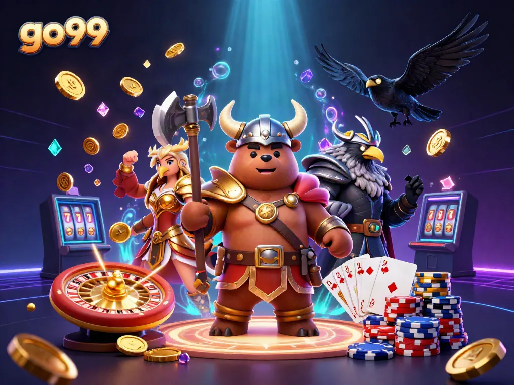 Experience thrilling gaming with go99's colorful 3D illustration of a Viking and Valkyrie amid casino elements.