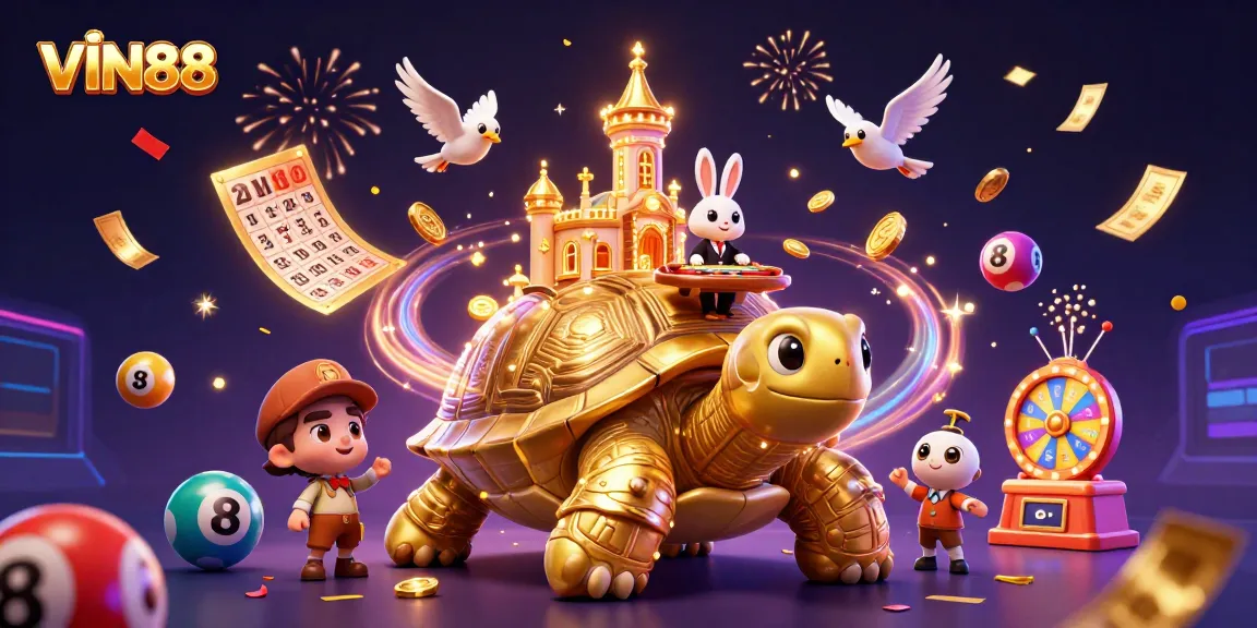 Spin and win with VIN88, featuring a whimsical tortoise casino with vibrant elements and joyous energy.