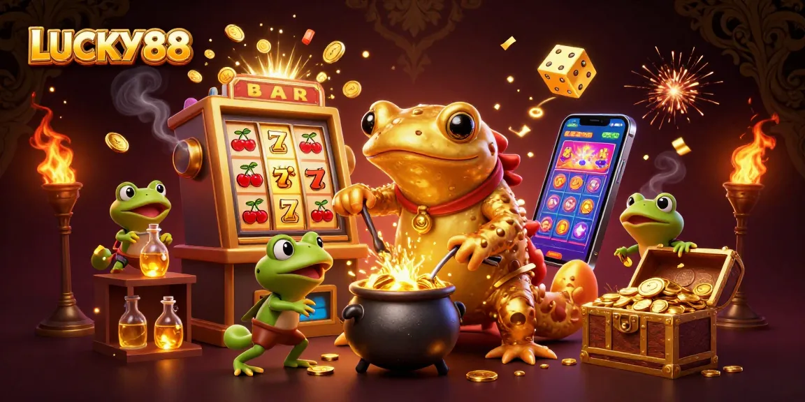 Win big with LUCKY88 in this vibrant illustration featuring a fun casino atmosphere.
