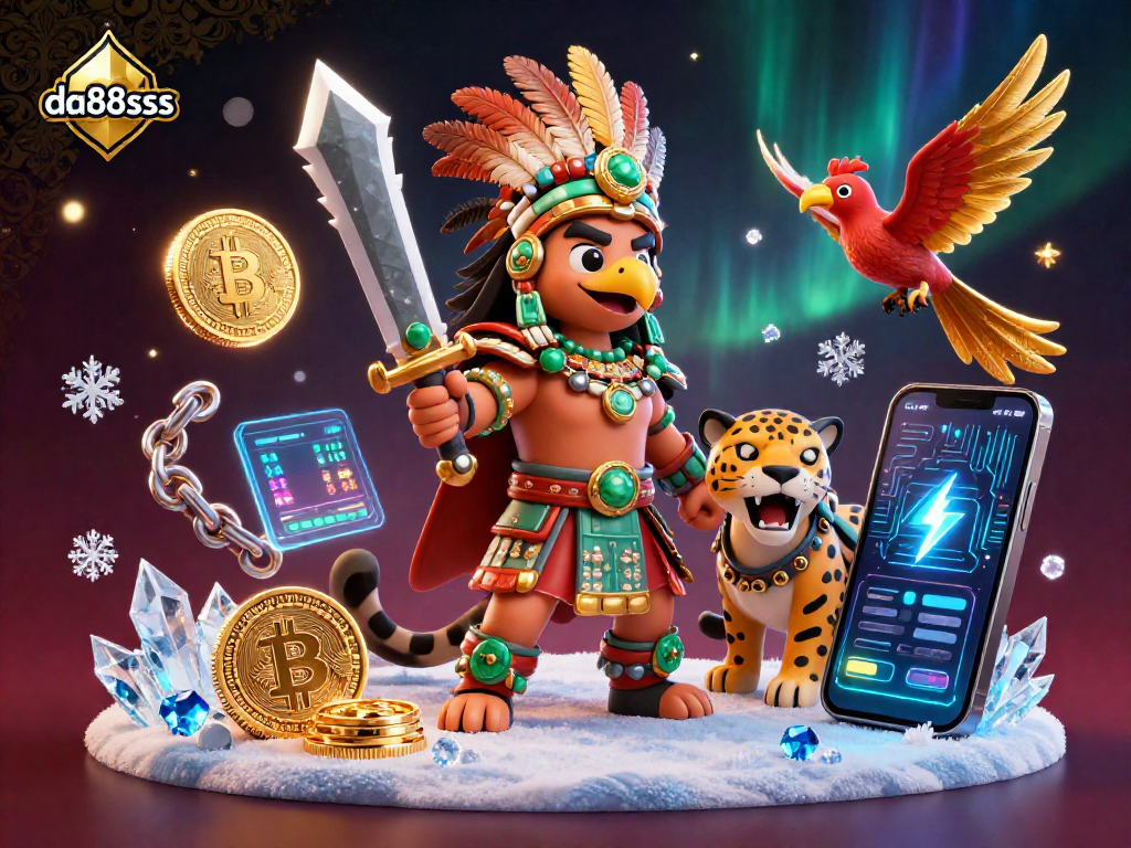 Engage with the action at da88sss featuring vibrant 3D warriors and crypto elements in an immersive gaming scene.