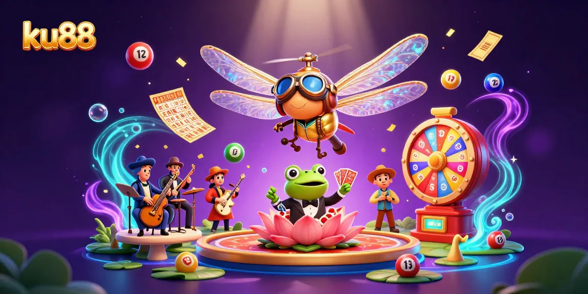 ku88 themed vibrant casino scene with a dragonfly pilot, frog dealer, and jazz crickets.