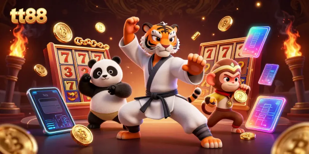 Engage with thrilling tt88 casino gameplay featuring a kung fu tiger master and vibrant slot elements.