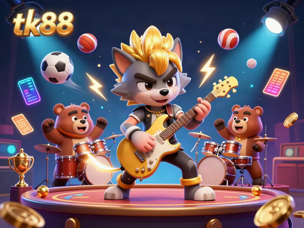 Engaging scene of tk88 featuring a rock star wolf and a drummer bear on stage, showcasing vibrant casino elements.