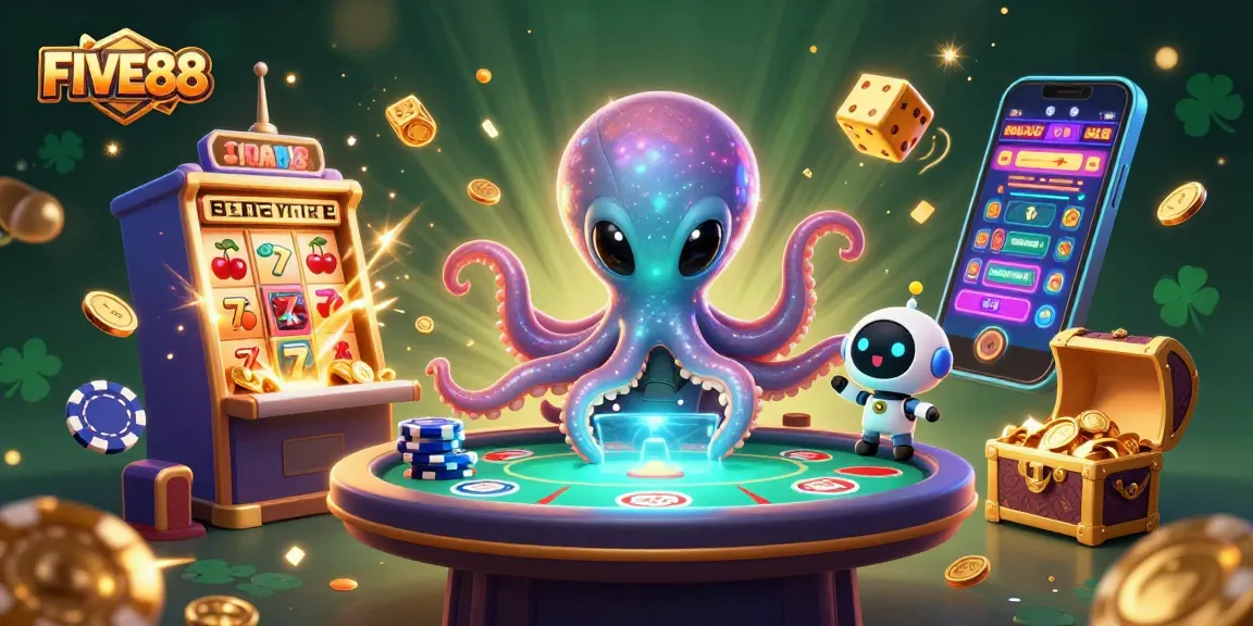 Engage with FIVE88's vibrant slot scene featuring dynamic alien characters and casino elements.