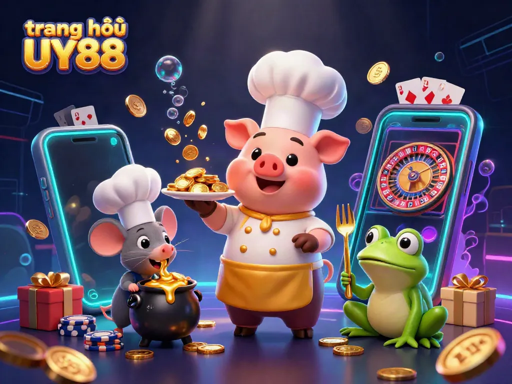 Experience winning thrills at trang chủ UY88, a vibrant online casino illustration with characters and gold.