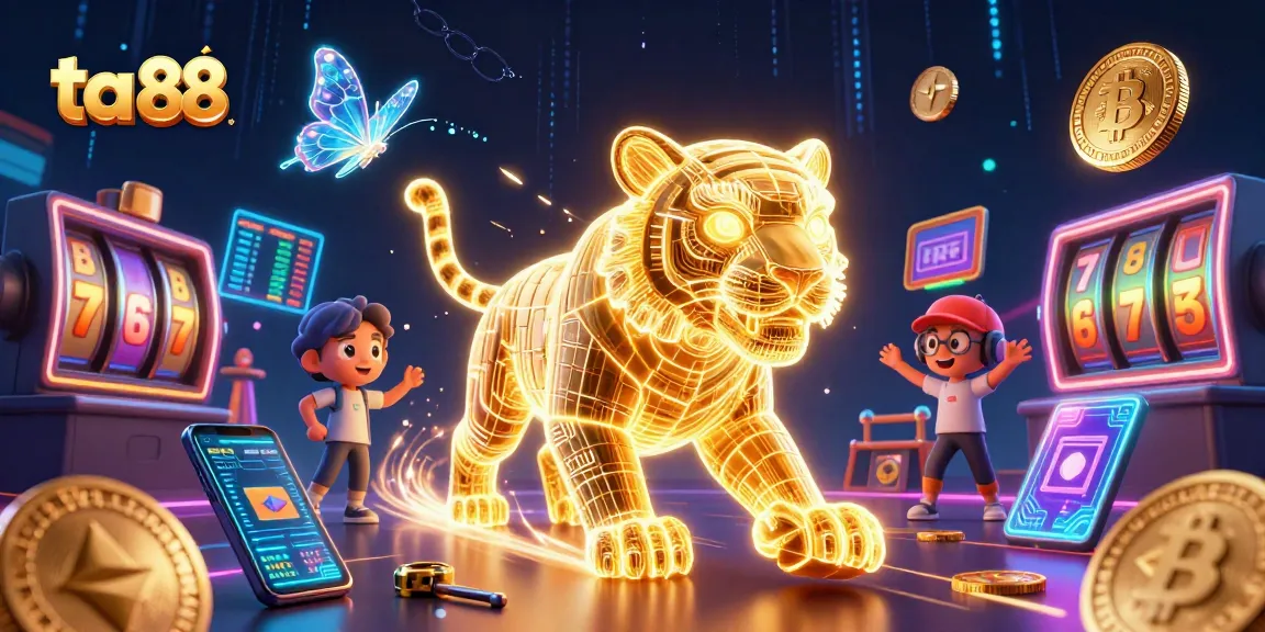 Engage with ta 88's neon-wireframe tiger in a dynamic casino scene full of vibrant, crypto-themed elements.