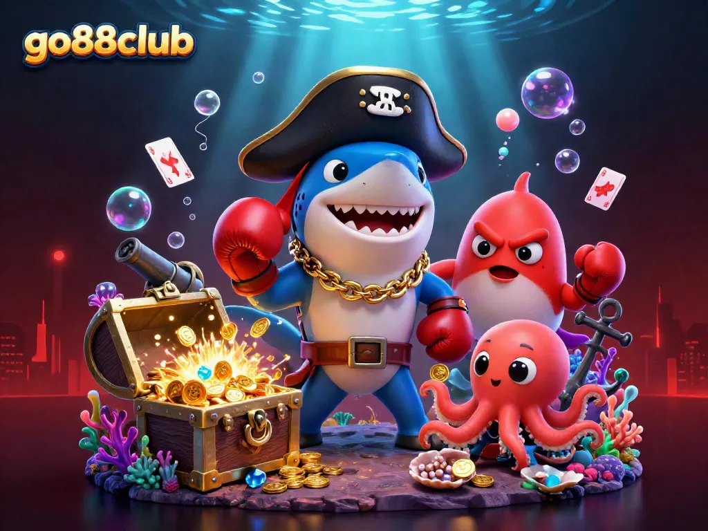 Experience thrilling wins at go88club with a vibrant underwater casino illustration featuring playful marine characters.