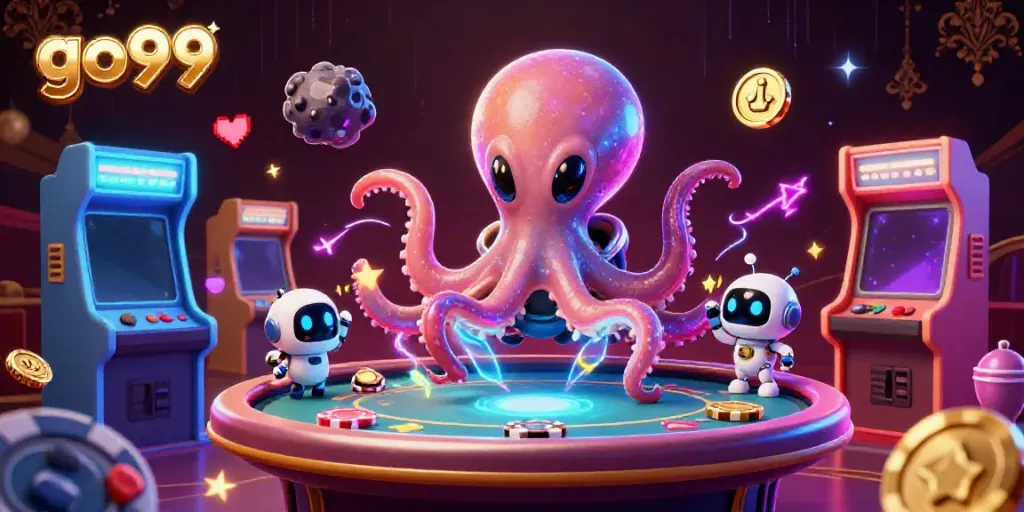 Engage with go99 as an alien octopus deals cards at a shimmering poker table in space.