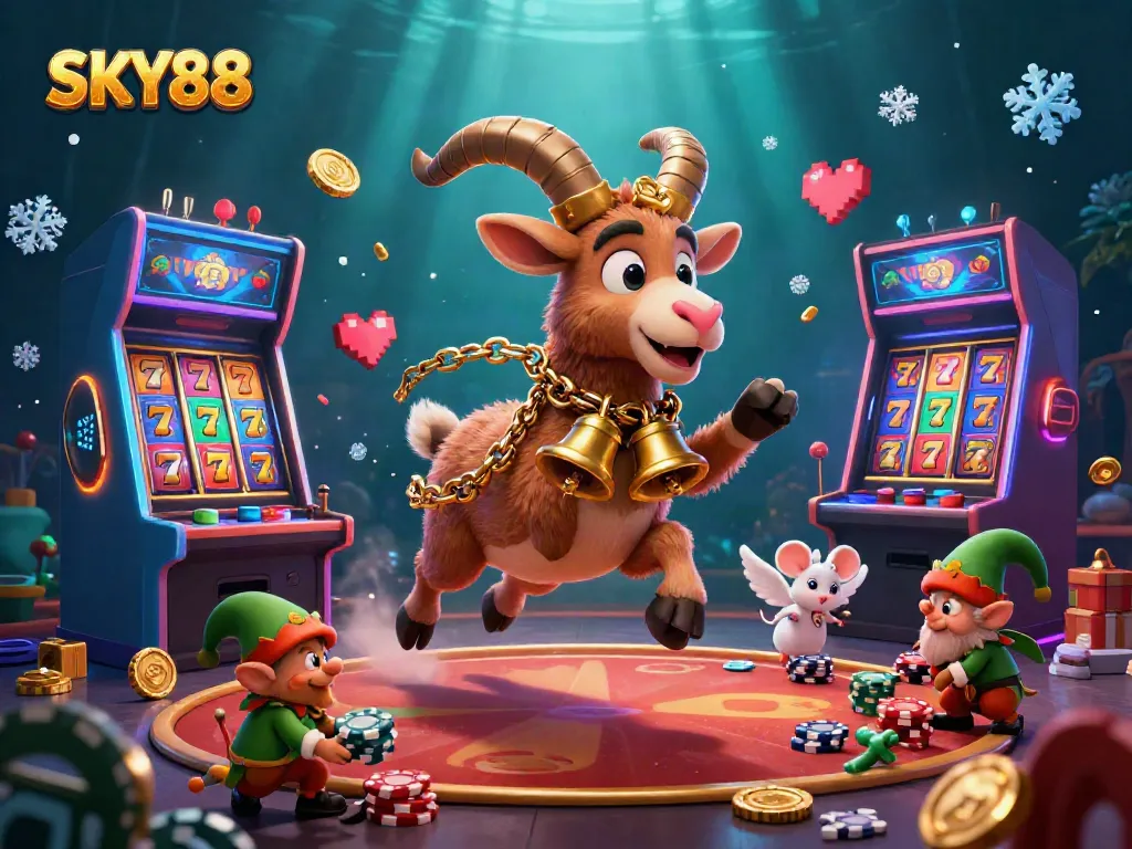 SKY88 casino scene with Krampus goat and gremlins stealing poker chips while angel mouse maintains order.