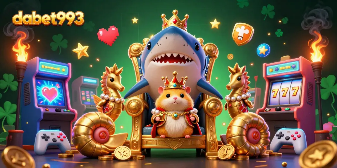 Dabet993 showcases a lively 3D scene featuring a hamster king, seahorse guards, and arcade game excitement.