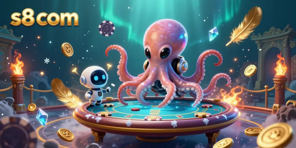 Experience thrilling poker action in a vibrant scene depicting s8 com with a playful alien octopus.