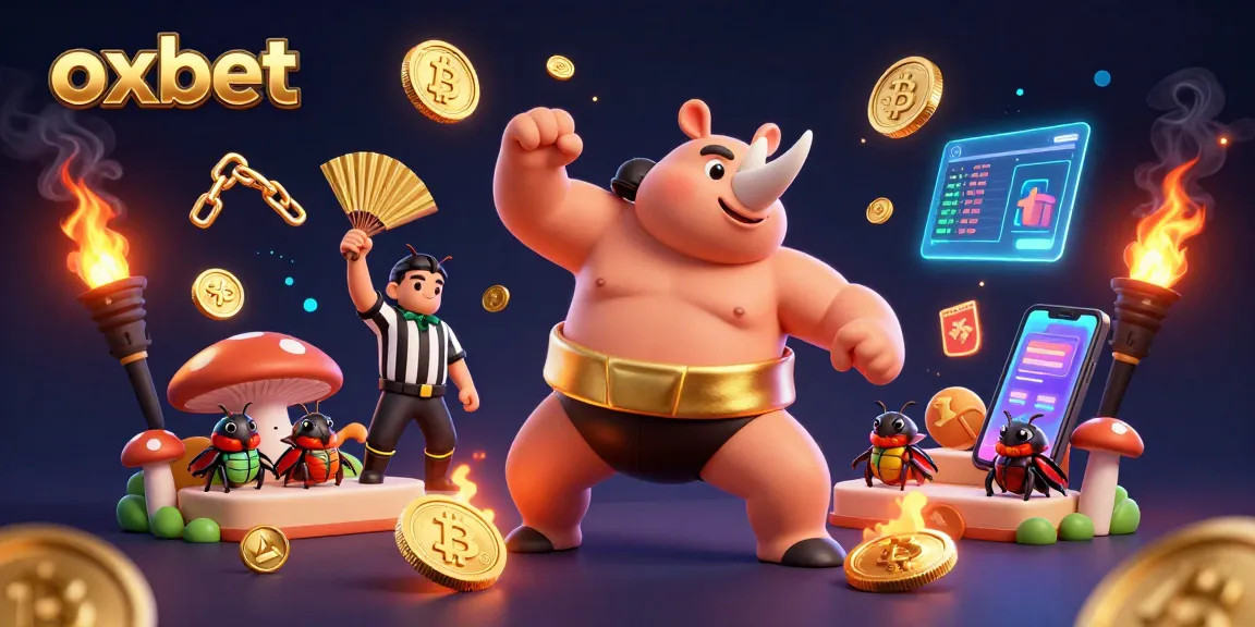 Experience exciting gameplay at oxbet with an engaging 3D illustration of beetle champions and crypto elements.