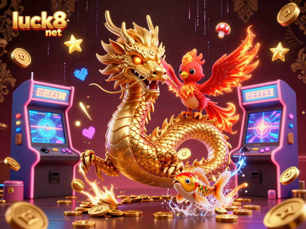 Experience epic gaming moments with luck8 net in a dynamic casino scene filled with vibrant characters and action.
