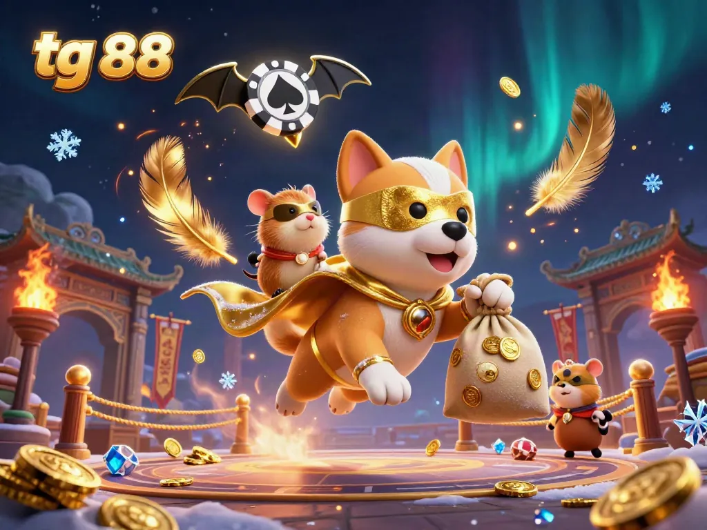 Engage in the exciting world of tg 88 with a superhero dog and vibrant casino elements.