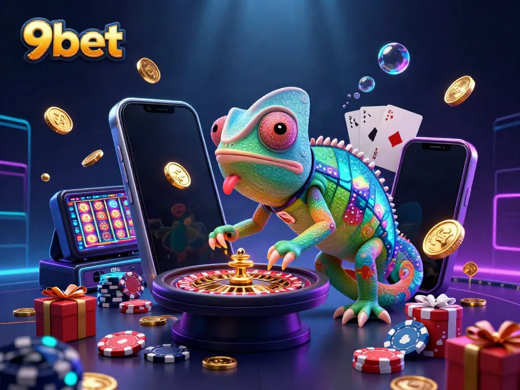 Engage in thrilling gaming experiences at 9bet with vibrant casino elements and a chameleon mascot.