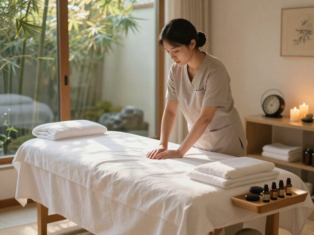 Serene 수원출장마사지 session setup with calming oils and candles.