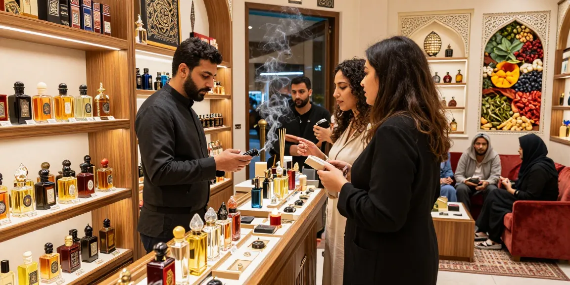Bezoek een luxe winkel voor dubai parfum kopen met prachtige flessen en warme sfeer.