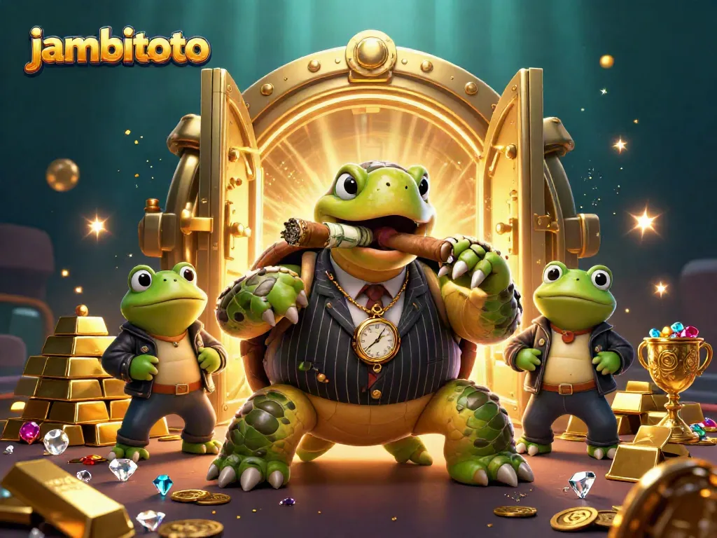Experience thrilling moments at Jambitoto with cartoon characters celebrating wins surrounded by riches.