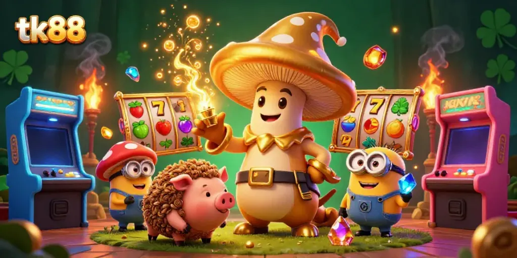 Engage with the exciting world of tk88, where a golden mushroom wizard channels luck and fortune amidst vibrant slot reels.