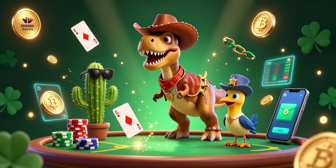 Engage with online casino Australia through a vibrant poker scene with cartoon characters and glowing crypto elements.