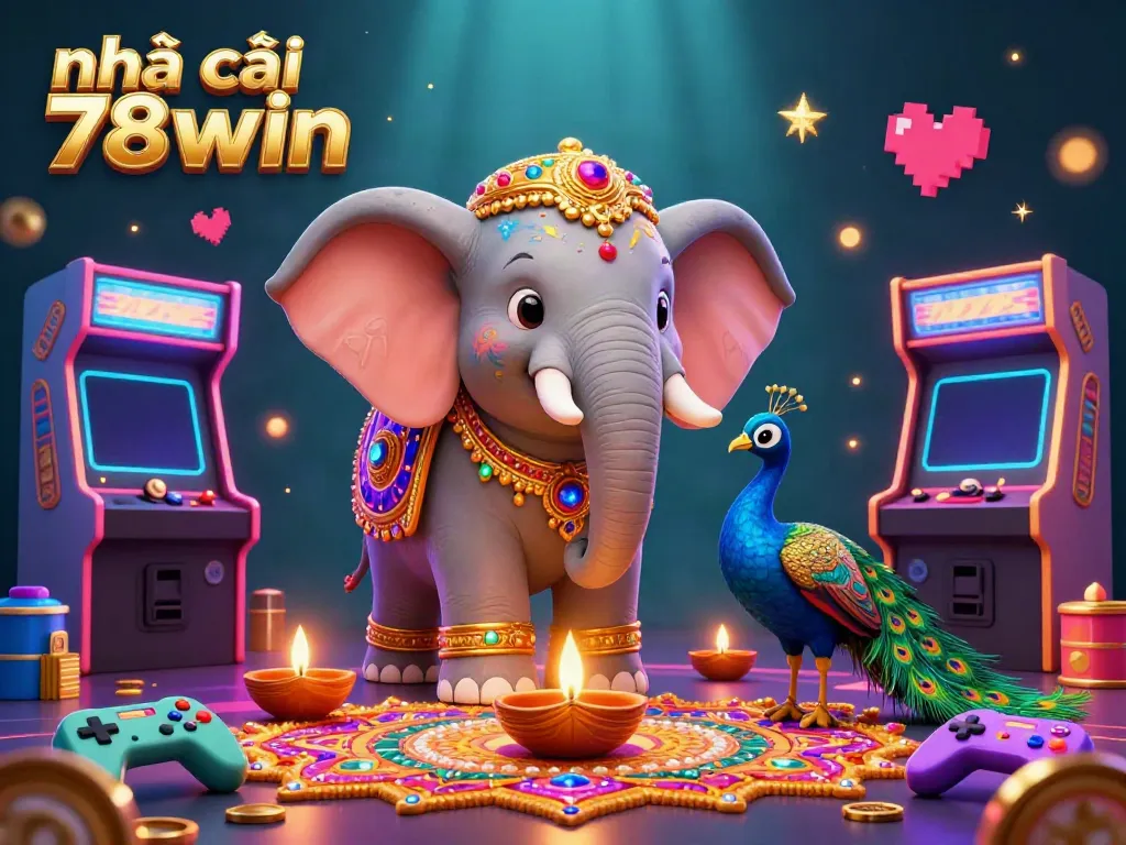Narrowly view the vibrant atmosphere of nhà cái 78win, featuring a cartoon elephant, a peacock, and gaming elements.