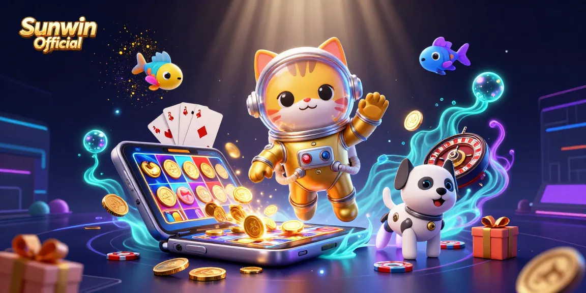 Engage in thrilling gameplay at Sunwin Official with a vibrant 3D illustration featuring a space astronaut cat and robot dog amidst dynamic casino elements.