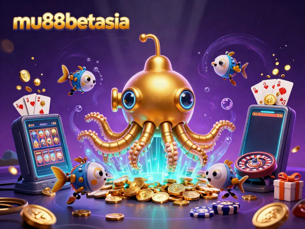 Witness the magic of mu88betasia with a golden kraken submarine amidst a sea of coins and casino games.