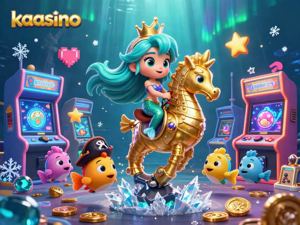 Kaasino mermaid princess riding a golden armored seahorse amidst vibrant casino-themed elements, celebrating gaming.