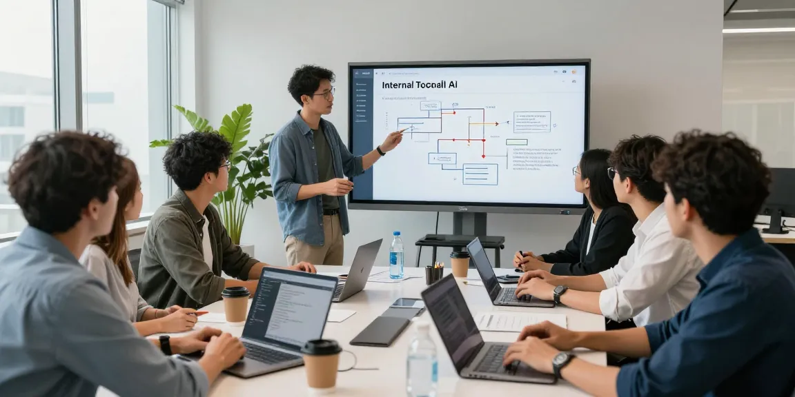 Team collaborating to build internal tools with AI in a modern office setting.