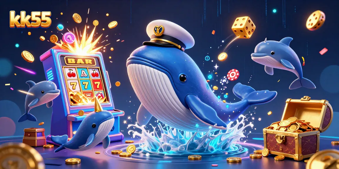 Experience thrilling games at kk55 with a giant whale and playful dolphins in a vibrant casino scene.