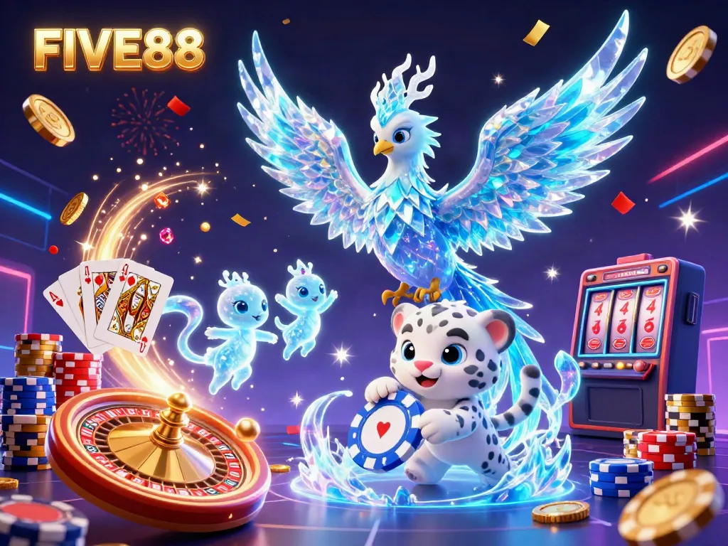Experience the thrill of FIVE88 with a captivating illustration showcasing a magical casino scene filled with vibrant characters and dynamic gaming elements.